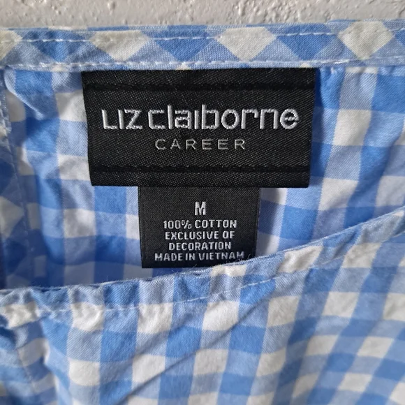 Liz Claiborne Blue Plaid Top with White Lace Elbow Sleeves - Picture 5 of 7